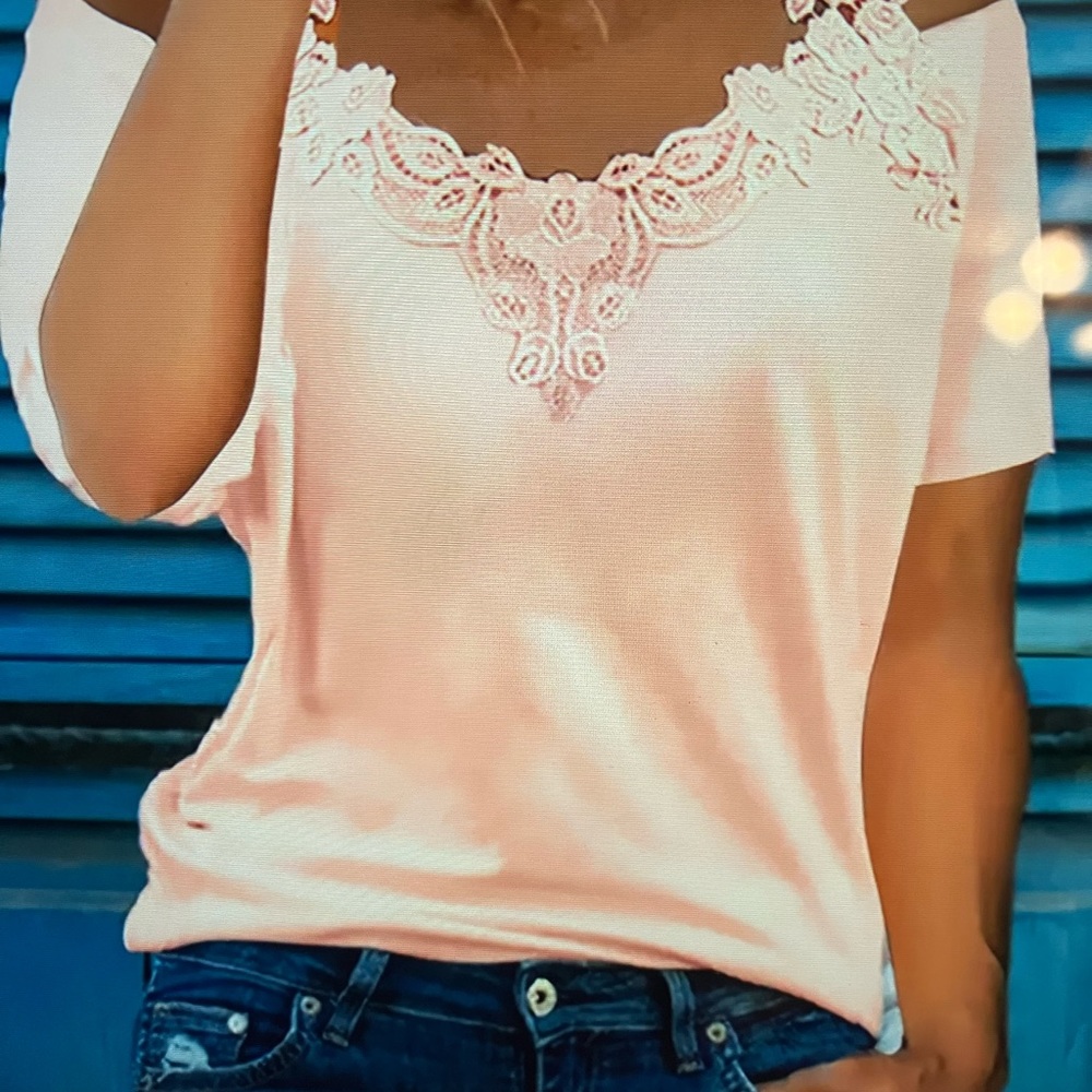Lace Trim Pink Top, shoulder cut outs. NEW!